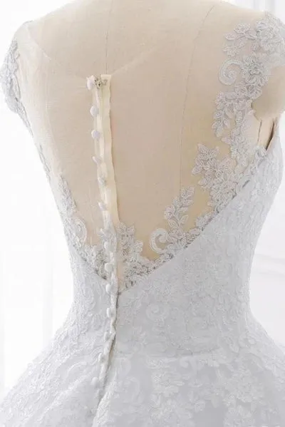 Roycebridal Cap Sleeves White Scoop Lace Wedding Dresses Online, Cheap Bridal Dresses,MW427