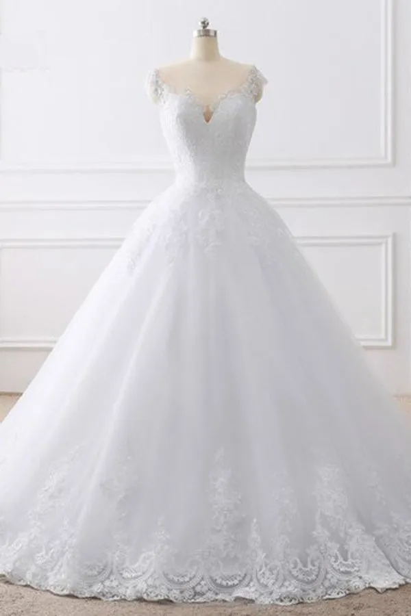 Roycebridal Cap Sleeves White Scoop Lace Wedding Dresses Online, Cheap Bridal Dresses,MW427