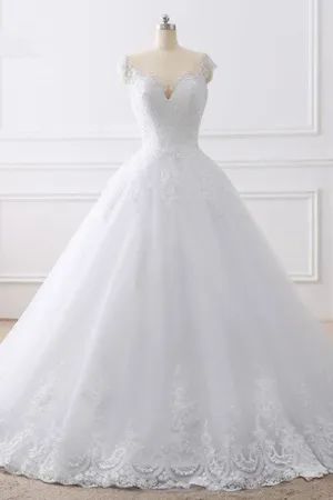 Roycebridal Cap Sleeves White Scoop Lace Wedding Dresses Online, Cheap Bridal Dresses,MW427