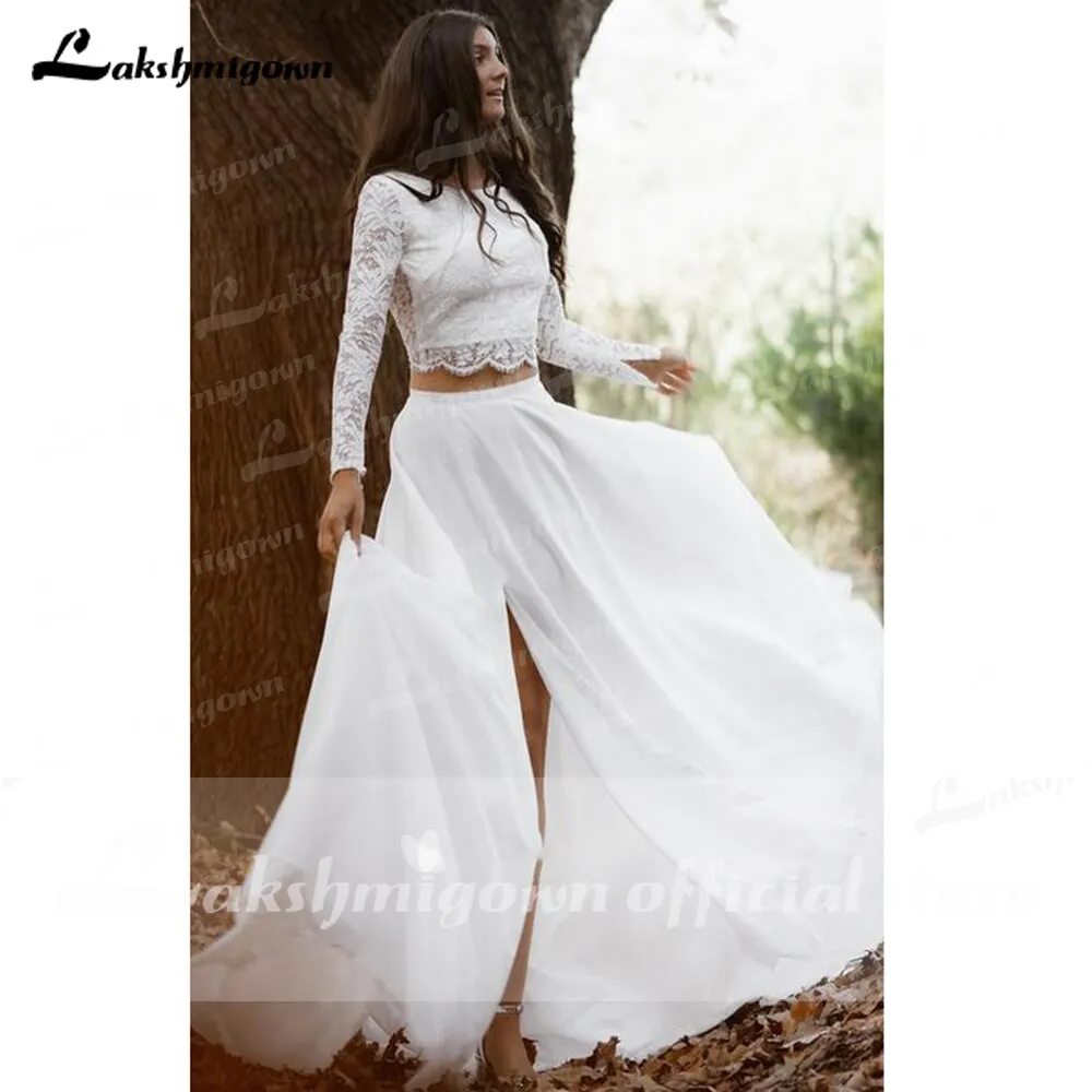 Roycebridal Casual Long Sleeve Two Piece Chiffon Lace Bateau Wedding Dress With Split Front Bridal Gown Robe De Mariée Lakshmigown