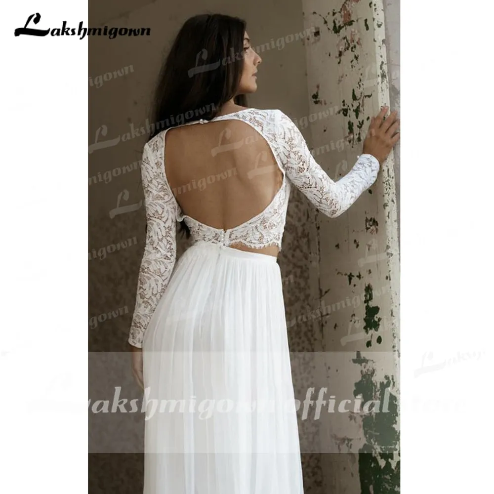 Roycebridal Casual Long Sleeve Two Piece Chiffon Lace Bateau Wedding Dress With Split Front Bridal Gown Robe De Mariée Lakshmigown