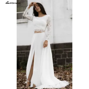 Roycebridal Casual Long Sleeve Two Piece Chiffon Lace Bateau Wedding Dress With Split Front Bridal Gown Robe De Mariée Lakshmigown