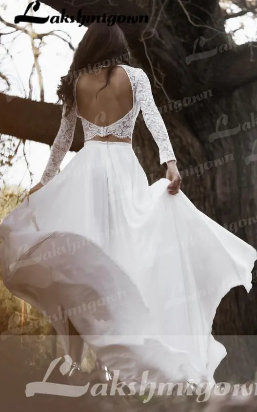 Roycebridal Casual Long Sleeve Two Piece Chiffon Lace Bateau Wedding Dress With Split Front Bridal Gown Robe De Mariée Lakshmigown