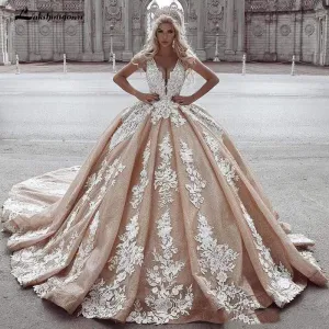 Roycebridal Champagne Ball Gown Wedding Dresses Lace Appliqued Deep V Neck