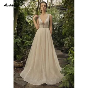 Roycebridal Champagne Shiny Sparkling A line Wedding Dresses