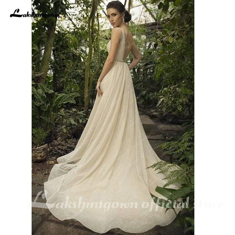 Roycebridal Champagne Shiny Sparkling A line Wedding Dresses