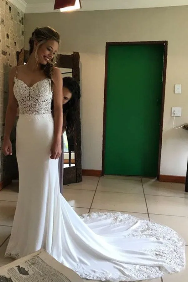 Roycebridal Charming Mermaid Sweetheart Open Back White Lace Long Wedding Dresses with Train,MW473