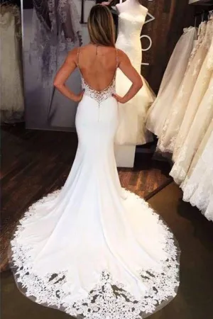 Roycebridal Charming Mermaid Sweetheart Open Back White Lace Long Wedding Dresses with Train,MW473