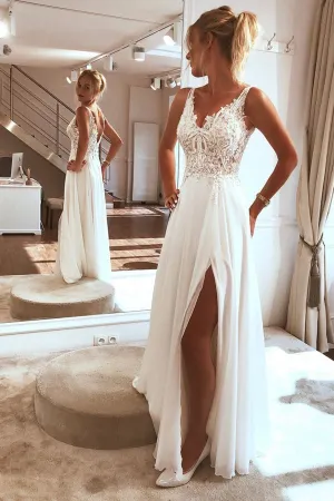 Roycebridal Charming Spaghetti straps Appliques Lace Wedding Dress,Split Chiffon Beach Wedding Dress,MW359