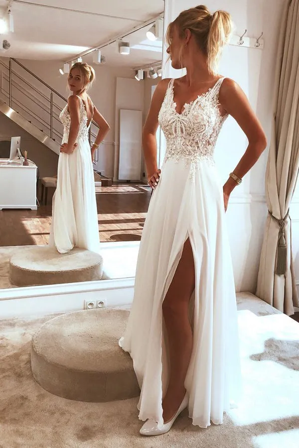 Roycebridal Charming Spaghetti straps Appliques Lace Wedding Dress,Split Chiffon Beach Wedding Dress,MW359