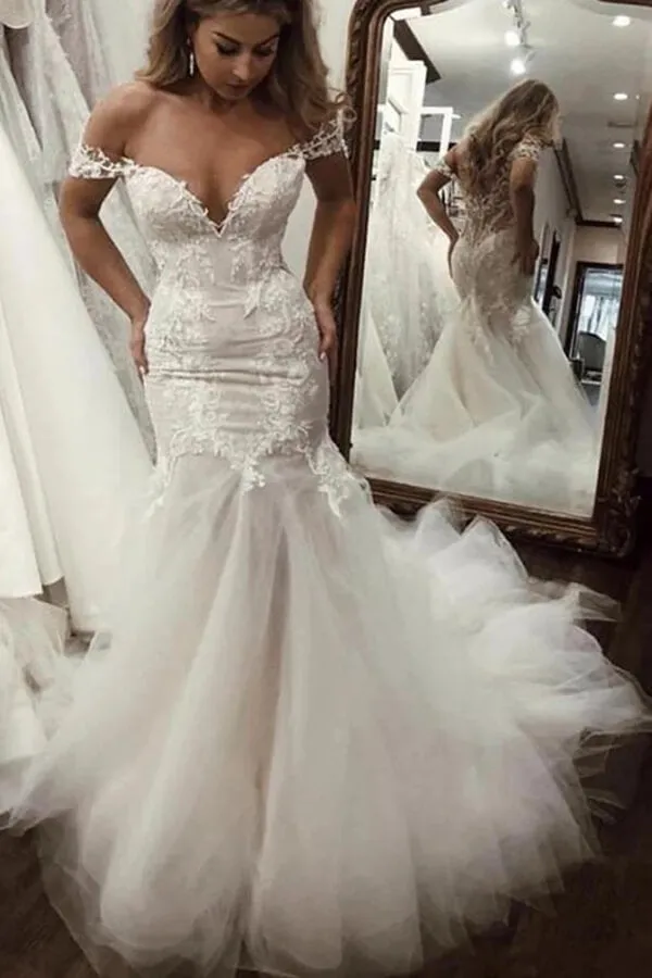 Roycebridal Cheap Off the Shoulder Mermaid Wedding Dresses Vintage Lace Bridal Gown,MW492