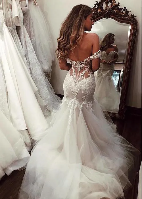 Roycebridal Cheap Off the Shoulder Mermaid Wedding Dresses Vintage Lace Bridal Gown,MW492