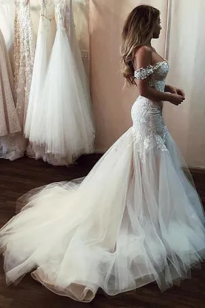 Roycebridal Cheap Off the Shoulder Mermaid Wedding Dresses Vintage Lace Bridal Gown,MW492