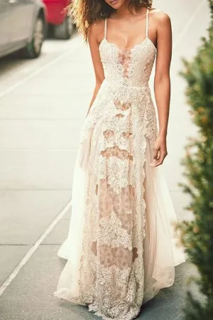 Roycebridal Cheap Spaghetti Straps Tulle Beach Wedding Dress, Lace Appliques Bridal Dresses,MW312