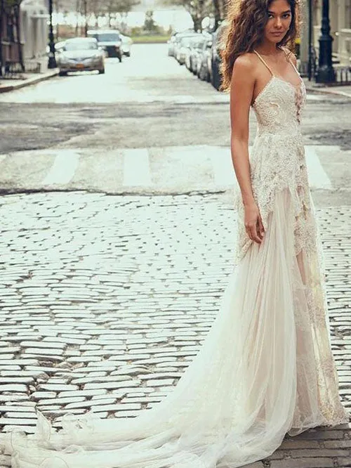 Roycebridal Cheap Spaghetti Straps Tulle Beach Wedding Dress, Lace Appliques Bridal Dresses,MW312