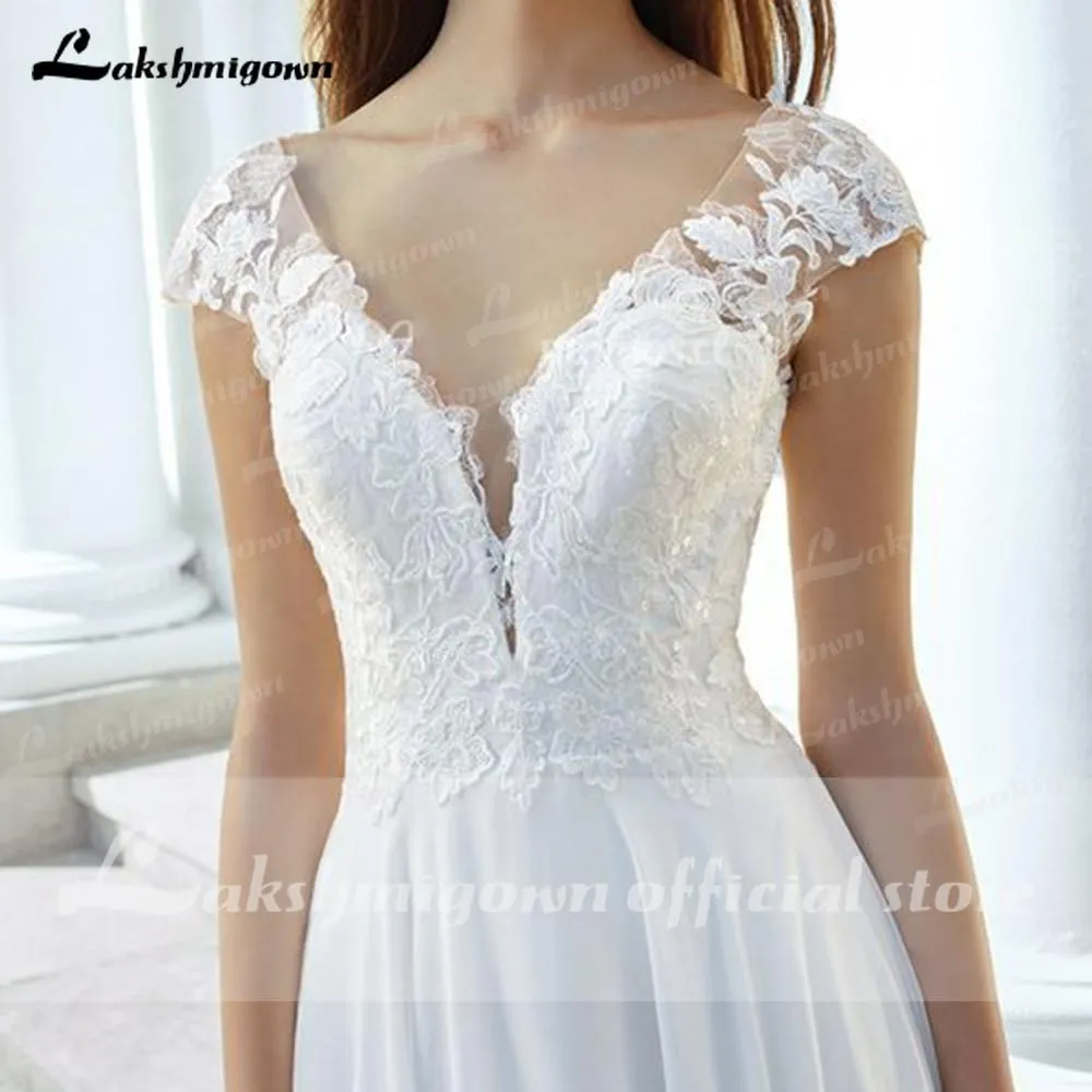 Roycebridal Deep V Neck Lace Backless Cap Sleeve Bridal Wedding Dresses