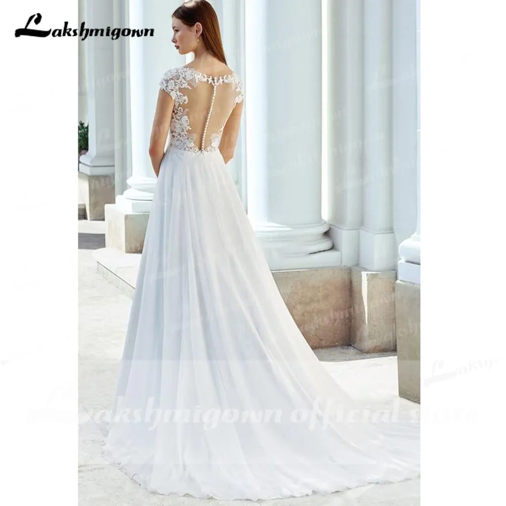 Roycebridal Deep V Neck Lace Backless Cap Sleeve Bridal Wedding Dresses