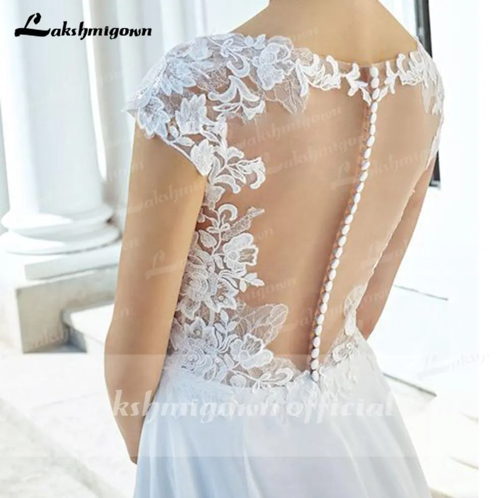 Roycebridal Deep V Neck Lace Backless Cap Sleeve Bridal Wedding Dresses