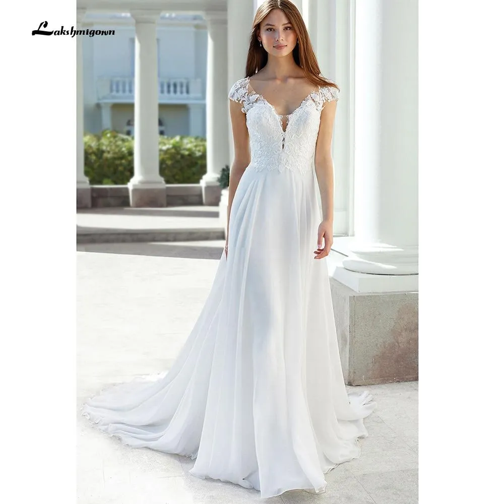 Roycebridal Deep V Neck Lace Backless Cap Sleeve Bridal Wedding Dresses