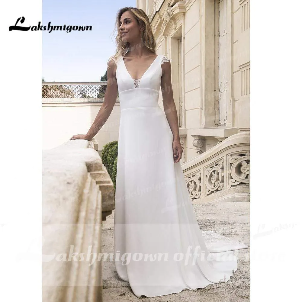 Roycebridal Deep V Neck Lace Satin Backless Beach A Line Wedding Dresses