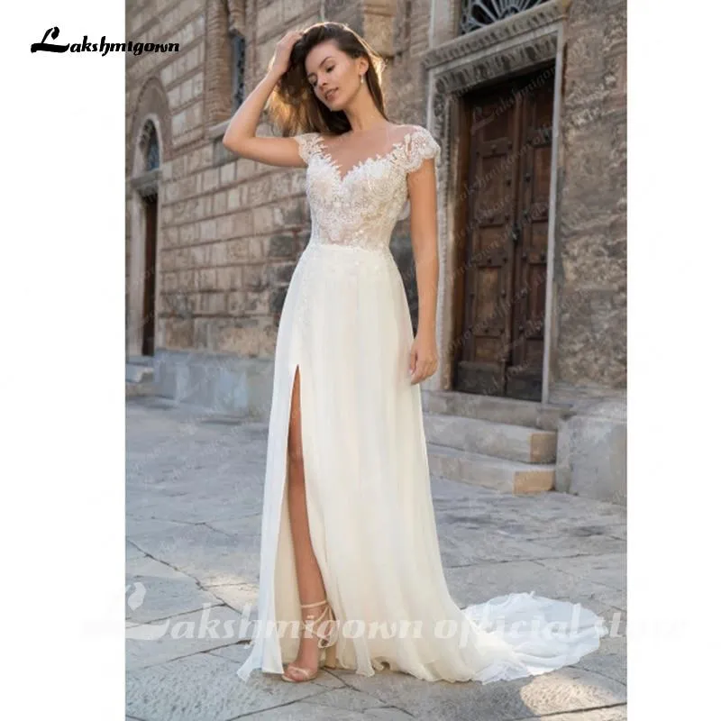 Roycebridal Deep V Neck Sleeve Sexy Lace Chiffon High Split Wedding Dresses