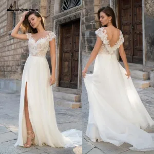 Roycebridal Deep V Neck Sleeve Sexy Lace Chiffon High Split Wedding Dresses