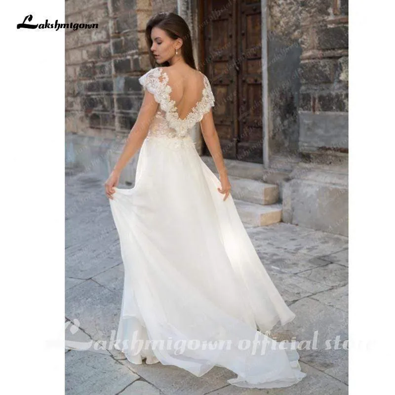 Roycebridal Deep V Neck Sleeve Sexy Lace Chiffon High Split Wedding Dresses