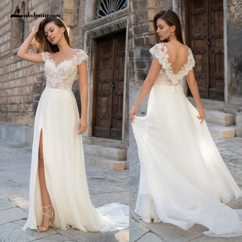 Roycebridal Deep V Neck Sleeve Sexy Lace Chiffon High Split Wedding Dresses