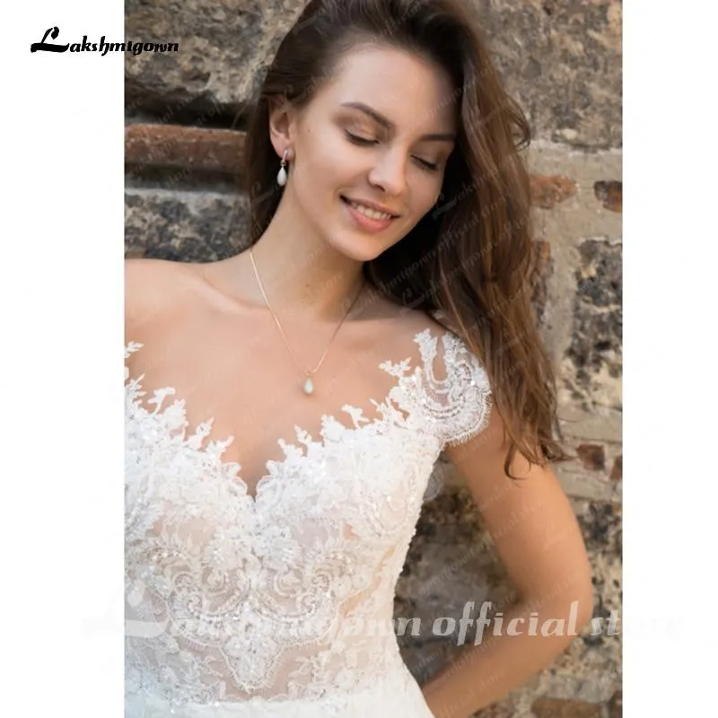 Roycebridal Deep V Neck Sleeve Sexy Lace Chiffon High Split Wedding Dresses