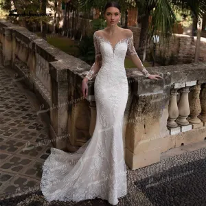 Roycebridal Gorgeous Lace A-Line Wedding Dresses Illusion Boat Neck Long Sleeve Sweep/Brush Train Tulle Bride Gowns Pleats Appliques Beading