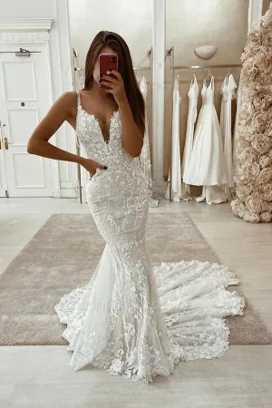 Roycebridal Gorgeous Mermaid V-neck Spaghetti Straps Lace Appliqued Wedding Dress, MW723