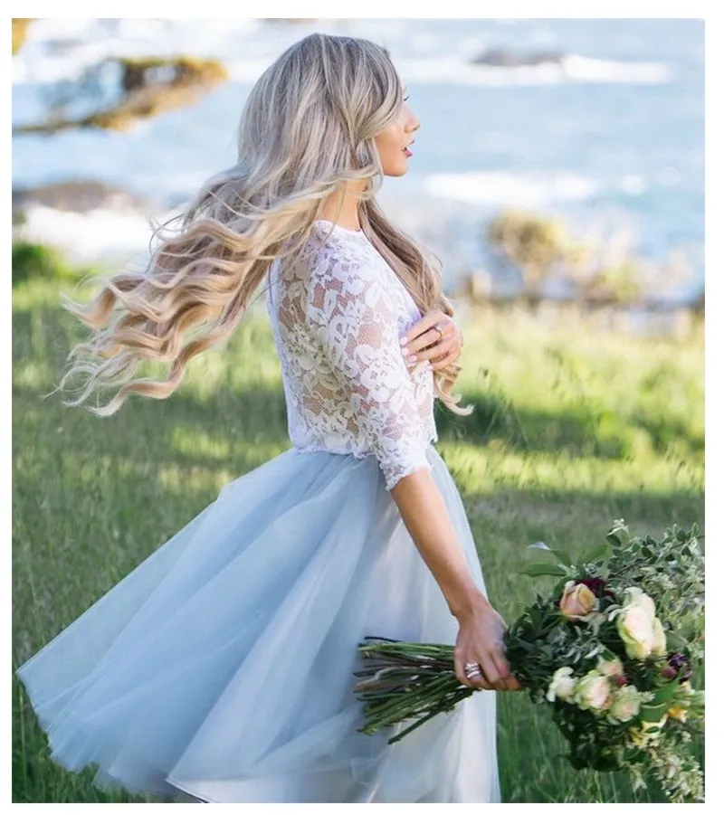 Roycebridal Half Sleeves Wedding Dress Lace Knee Length Bride Dress Two-pieces Lace Top Beach Informal Dress Cheap Robe de mariee