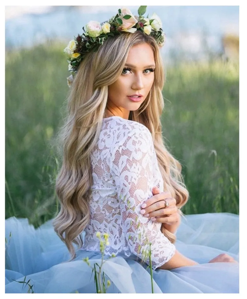 Roycebridal Half Sleeves Wedding Dress Lace Knee Length Bride Dress Two-pieces Lace Top Beach Informal Dress Cheap Robe de mariee