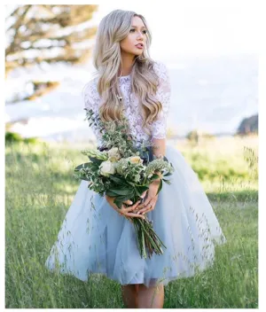 Roycebridal Half Sleeves Wedding Dress Lace Knee Length Bride Dress Two-pieces Lace Top Beach Informal Dress Cheap Robe de mariee