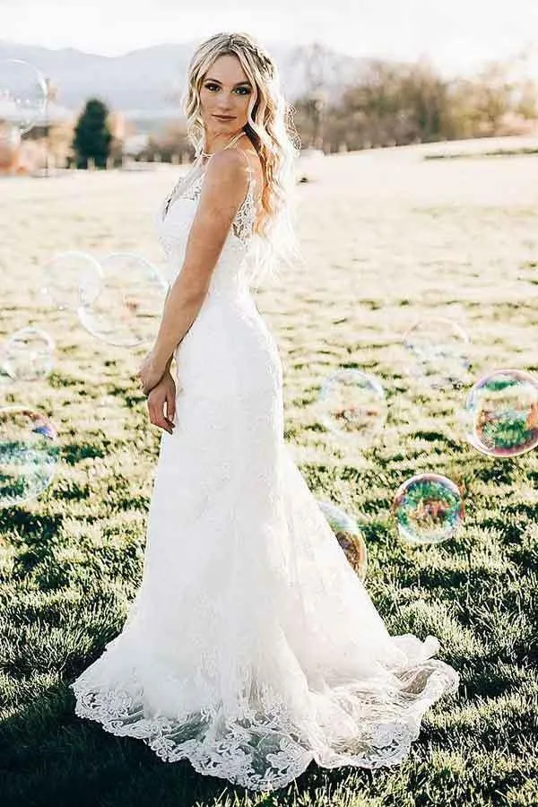 Roycebridal Ivory Lace Mermaid V-neck Sweep Train Wedding Dresses, Bridal Gown, MW706