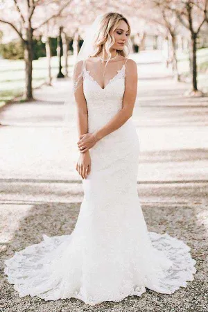 Roycebridal Ivory Lace Mermaid V-neck Sweep Train Wedding Dresses, Bridal Gown, MW706