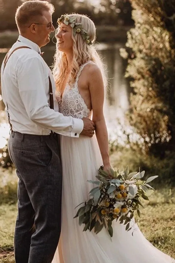 Roycebridal Lace Bodice Tulle Skirt Bridal Gown with a Low V Back Minimalist Wedding Dresses,MW360