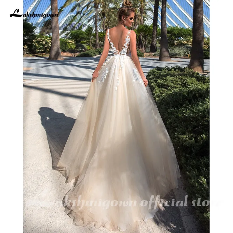 Roycebridal Lakshmigown Champagne Wedding Dress Lace Appliques Princess Tulle Long Bridal Dress 2021 Receipt Wedding Gowns