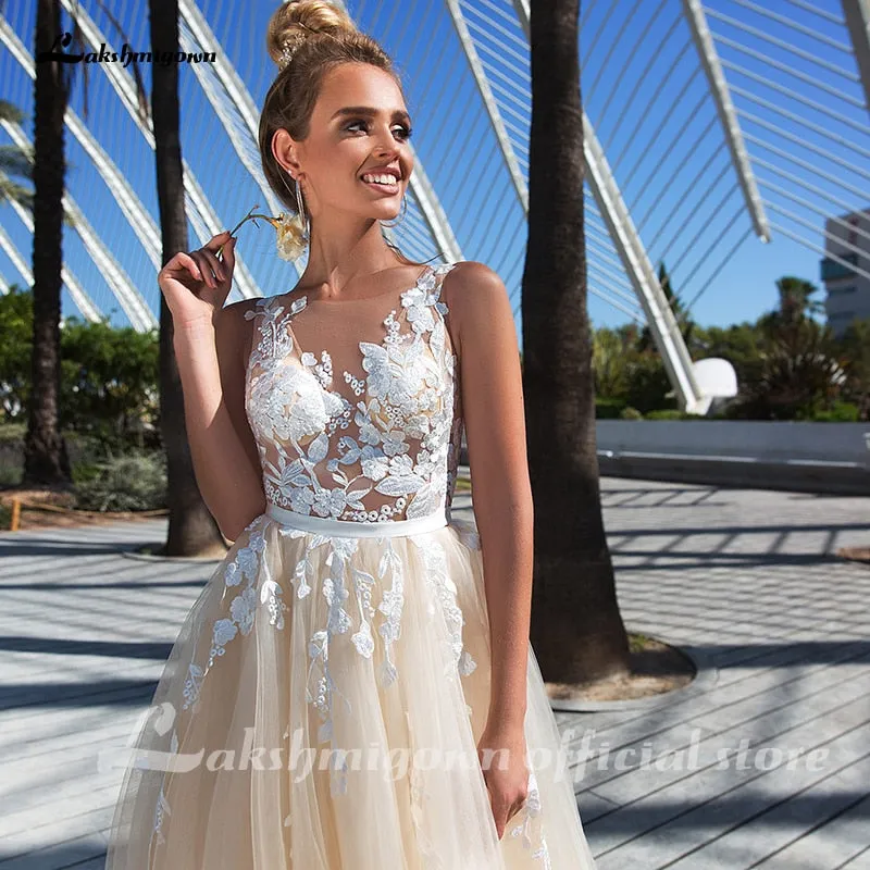 Roycebridal Lakshmigown Champagne Wedding Dress Lace Appliques Princess Tulle Long Bridal Dress 2021 Receipt Wedding Gowns