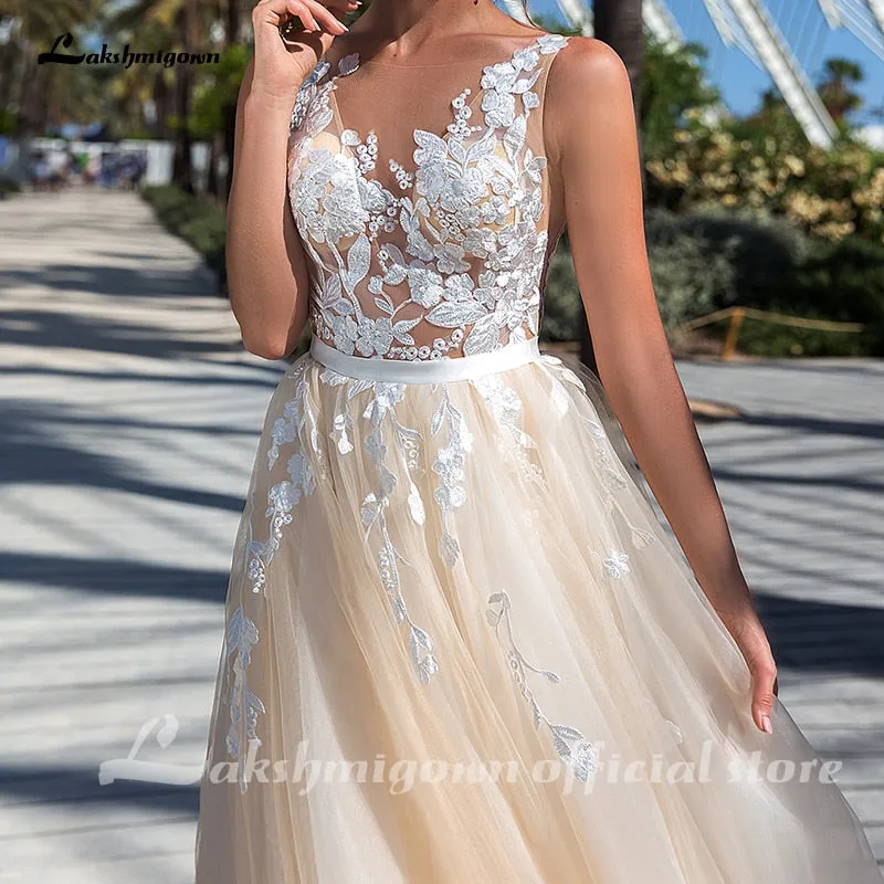 Roycebridal Lakshmigown Champagne Wedding Dress Lace Appliques Princess Tulle Long Bridal Dress 2021 Receipt Wedding Gowns