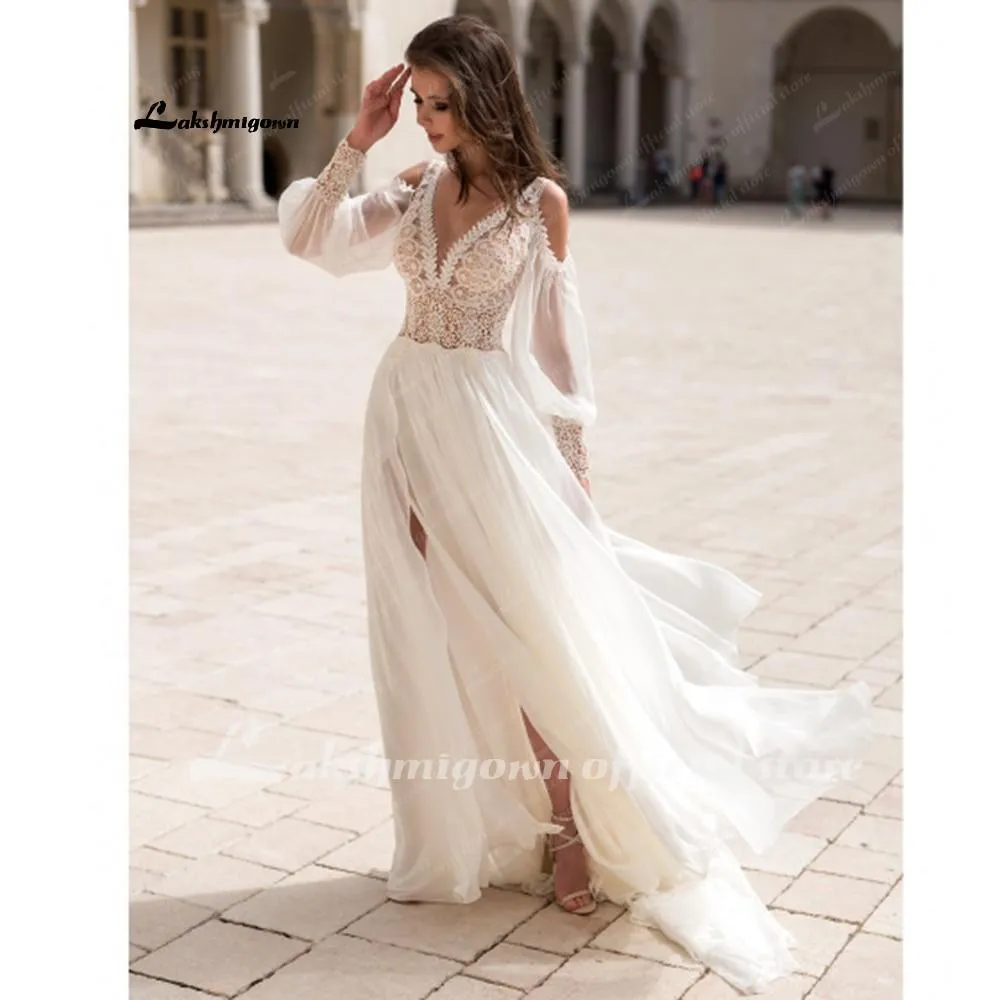 Roycebridal Long Puff Sleeves Wedding Dress Lace And Chiffon A Line