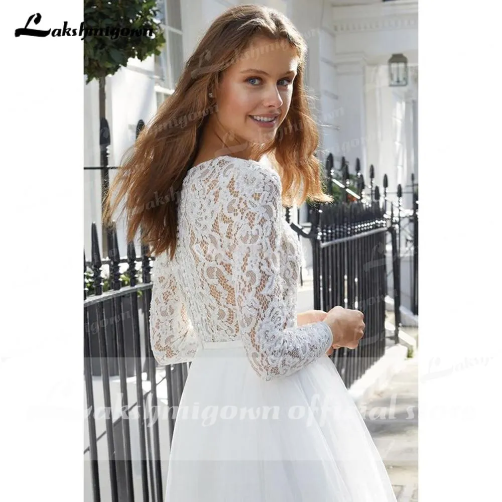 Roycebridal Long Sleeve Lace Tulle O Neck Ball Gown Wedding Dresses