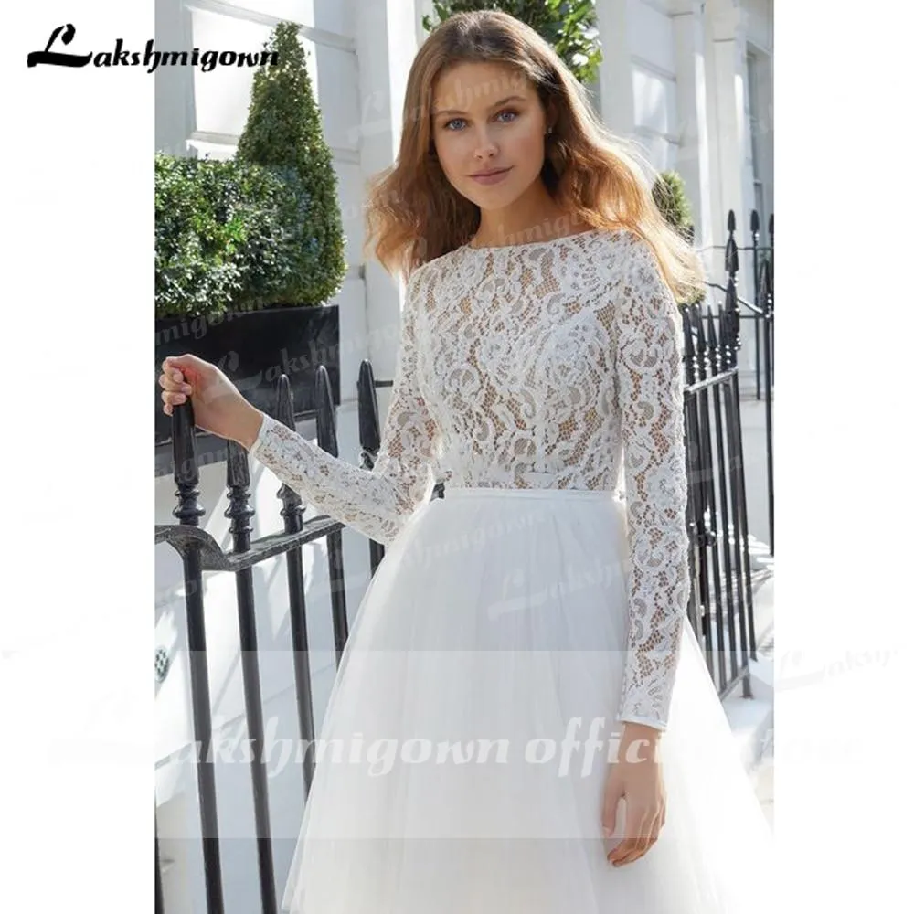Roycebridal Long Sleeve Lace Tulle O Neck Ball Gown Wedding Dresses