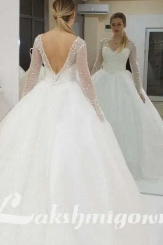 Roycebridal Long Sleeve Wedding Dresses Backless Sweep Train