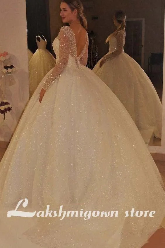 Roycebridal Long Sleeve Wedding Dresses Backless Sweep Train
