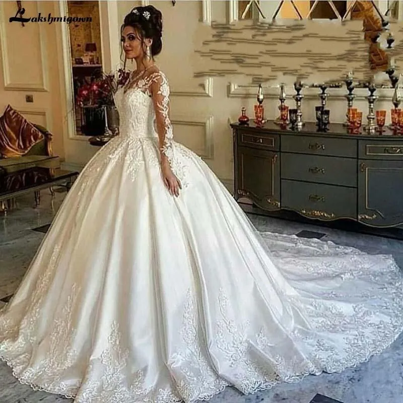 Roycebridal Luxury Long sleeve Muslim satin wedding dress Ball gown