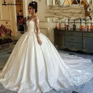 Roycebridal Luxury Long sleeve Muslim satin wedding dress Ball gown