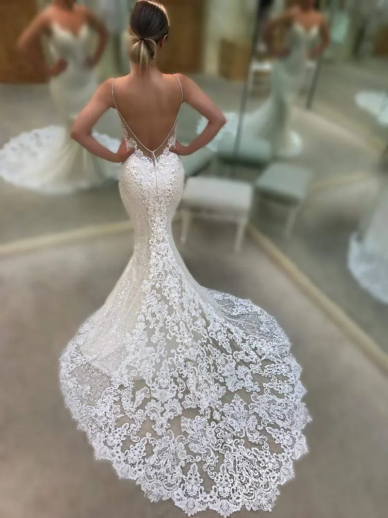 Roycebridal Mermaid V-Neck Open Back Lace Wedding Dresses Bead
