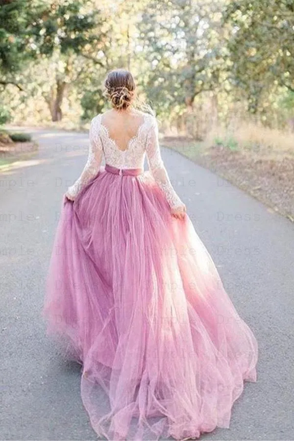 Roycebridal Pink Tulle A-line Long Sleeves Lace Top Vintage Wedding Dresses, MW919