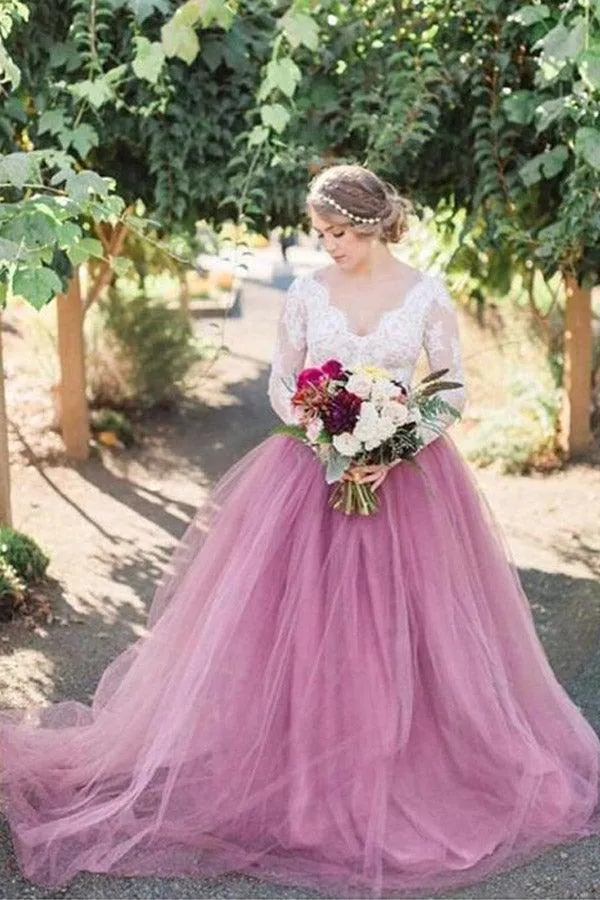 Roycebridal Pink Tulle A-line Long Sleeves Lace Top Vintage Wedding Dresses, MW919